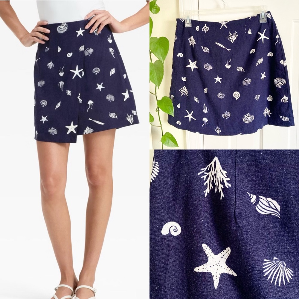 NWT A New Day Skort Navy Nautical, Women’s Size 2 Coastal Linen Blend Faux Wrap
